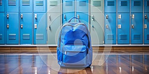 Blue school backpack. Blue lockers background