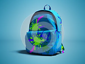 Blue school bag backpack with spots right view 3d render on blue