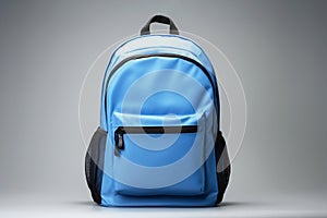 Blue school bag on a gray background. Back to school. AI generated