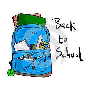 Blue school bag with items for students vector illustration sketch doodle hand drawn with black lines isolated on white
