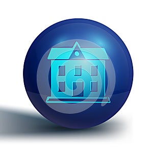 Blue School building icon isolated on white background. Blue circle button. Vector