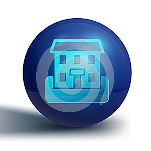 Blue School building icon isolated on white background. Blue circle button. Vector