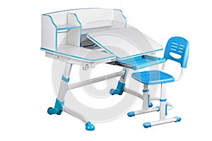 Blue school desk and blue chair