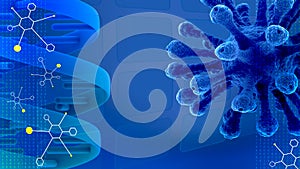 Blue scientific presentation background with molecules and DNA