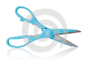 Blue scissors close up isolated on a white background