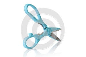 Blue scissors close up isolated on a white background