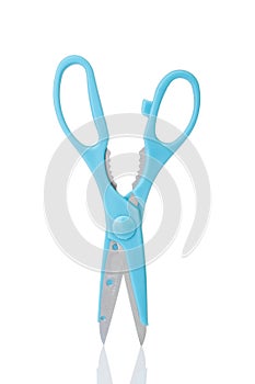 Blue scissors close up isolated on a white background