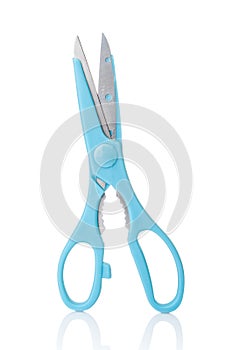 Blue scissors close up isolated on a white background