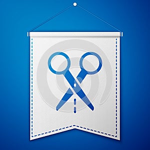 Blue Scissors with cut line icon isolated on blue background. Tailor symbol. Cutting tool sign. White pennant template