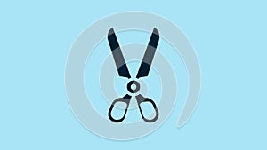 Blue Scissors icon isolated on blue background. Cutting tool sign. 4K Video motion graphic animation