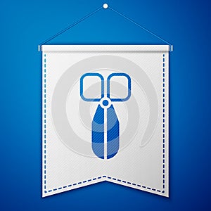 Blue Scissors icon isolated on blue background. Cutting tool sign. White pennant template. Vector Illustration