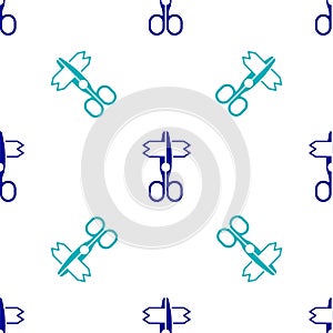 Blue Scissors icon isolated seamless pattern on white background. Tailor symbol. Cutting tool sign. Vector