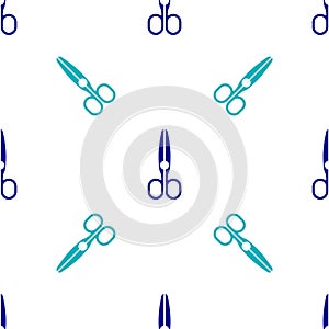 Blue Scissors icon isolated seamless pattern on white background. Tailor symbol. Cutting tool sign. Vector
