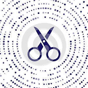 Blue Scissors icon isolated on white background. Cutting tool sign. Abstract circle random dots. Vector Illustration