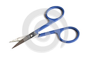 Blue scissors on a white isolated background