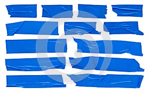 Blue scotch tape  large set of adhesive packaging tape  crumpled torn stripes on white background