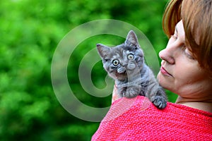 blue Scottish kitten is sitting on woman& x27;s shoulder. Outdoors