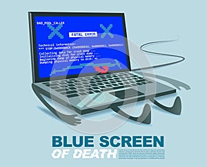 Blue screen of death computer virus or technical error mistake cartoon illustration