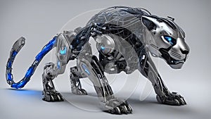 blue screen robot toy half panther half robot with torn skin showing robot underneath, A metal cyborg panther