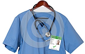 Blue scrubs shirt for medical professional with immunity certificate