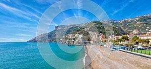 Blue sea and beach in Minori, Amalfi Coast, Campania region of Italy