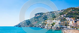 Blue sea and beach in Minori, attractive seaside town at Amalfi Coast, in Campania region of Italy