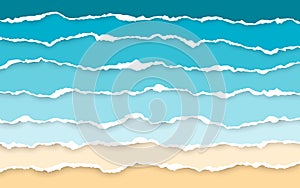 Blue sea and beach summer background. Torn paper stripes. Ripped squared horizontal paper strips. Torn paper edge. Vector