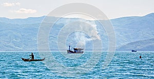 Blue sea with the boats at Eo Gio in Vietnam