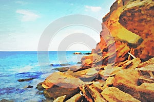 Blue sea cliffs wild beaches high cliffsoil painting