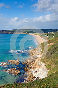 Blue sea and coast of Cornwall Englandat Praa Sands photo