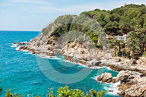 Blue Sea Coast Line Sand Stones Beach Mediterranean Nature Background Spain
