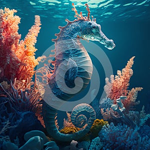 Blue sea-horse swimming underwater among corals