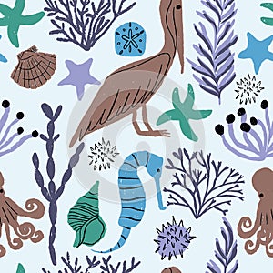 Blue sea life seamless repeat pattern with light blue background