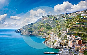 Blue sea and marina in Minori, attractive seaside town at Amalfi Coast, in Campania region of Italy
