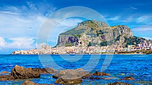 Blue sea near Cefalu, town in Italian Metropolitan City of Palermo located on Tyrrhenian coast of Sicily, Italy