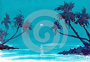 Blue sea night scene coconut trees reflection watercolor hand drawn artwork