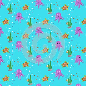 Blue sea pattern with its inhabitants . Turtle , octopus , fish . Vector .