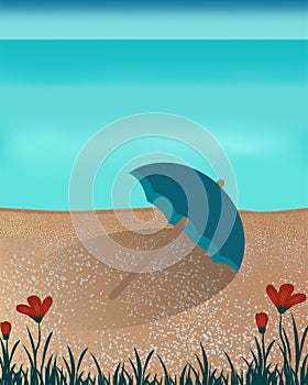 Blue sea view with umbrella on beach and red flower