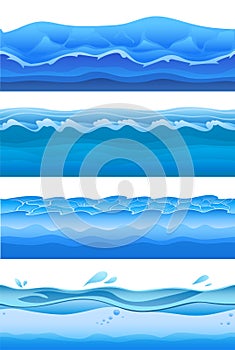 Blue sea water waves, seamless background set for game design. Vector illustration, isolated on white.