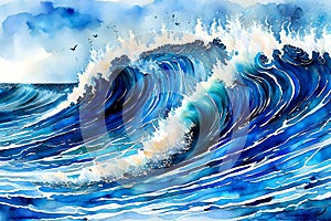 Blue sea wave background,  Watercolor hand drawn illustration,  Clip art