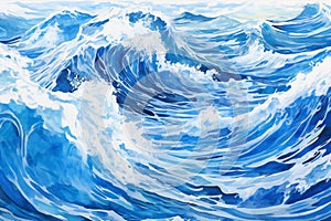 Blue sea wave background,  Watercolor illustration,  Digital art painting