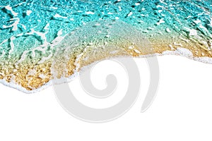 Blue sea wave pattern on white background isolated closeup top view, turquoise ocean water texture summer holidays border frame