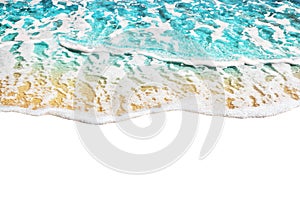 Blue sea wave pattern on white background isolated closeup top view, turquoise ocean water texture summer holidays border frame