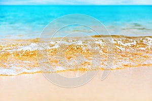 Blue sea wave splash closeup, ocean tide, turquoise water, white foam, golden yellow sand, sunny tropical island beach nature