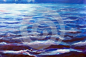 Blue sea waves at night - oil painting