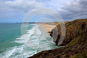 Blue sea and waves Perranporth beach North Cornwall England UK HDR