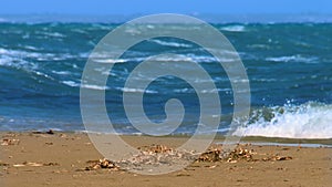 Blue sea waves on sandy beach, coastline nature, pollution and ecology problem