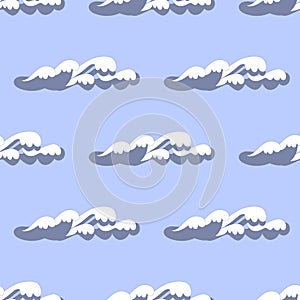 Blue sea waves seamless pattern, sun with white foam repeating childlike simple background