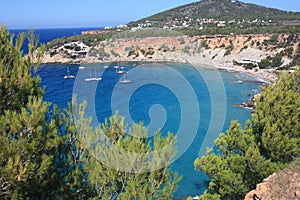 The blue sea of â€‹â€‹ibiza in summer and its bright colors between water and beaches in the coves