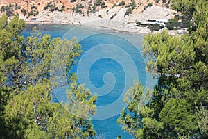 The blue sea of â€‹â€‹ibiza in summer and its bright colors between water and beaches in the coves